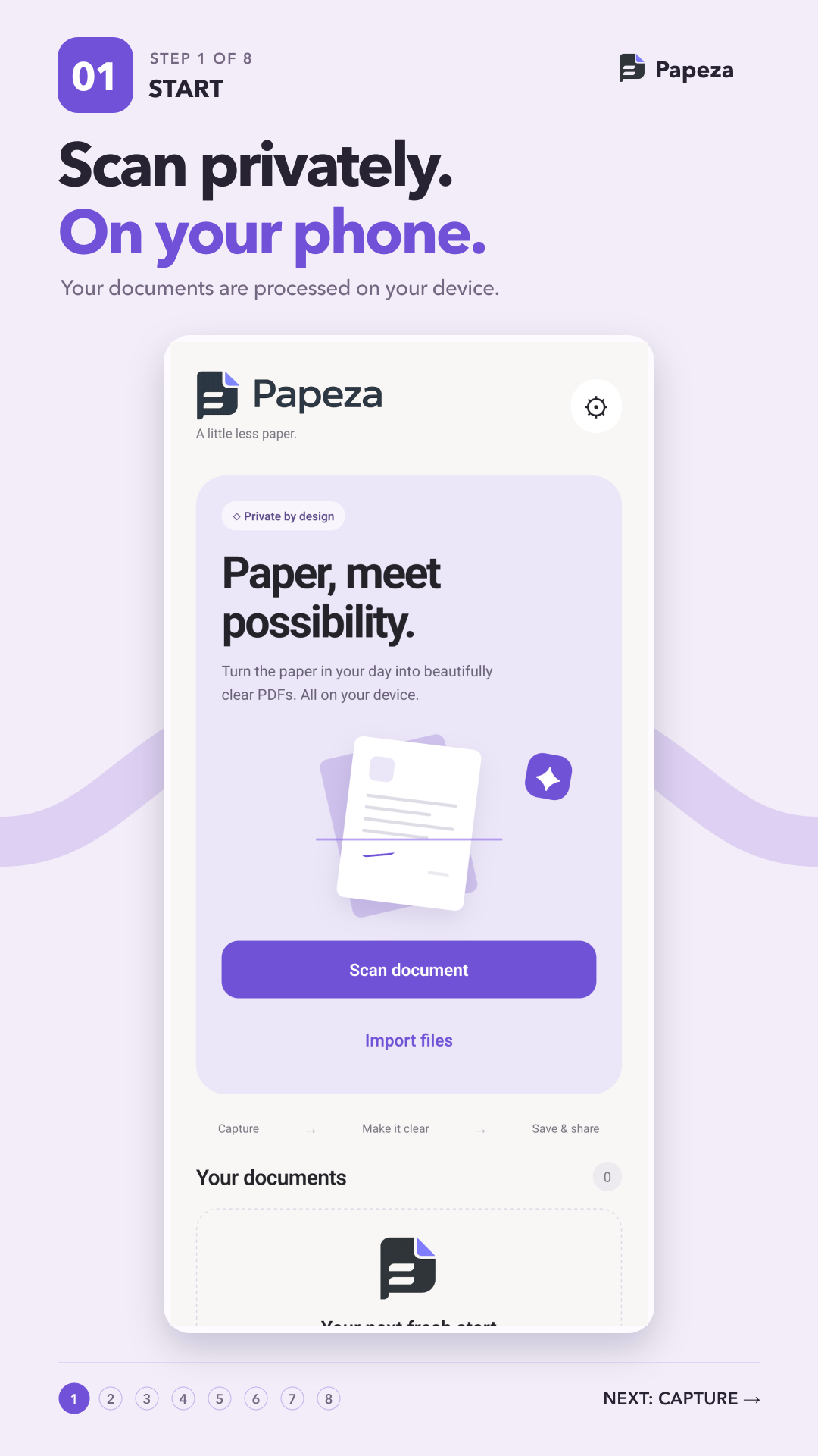 Papeza home screen with Scan document and Import files