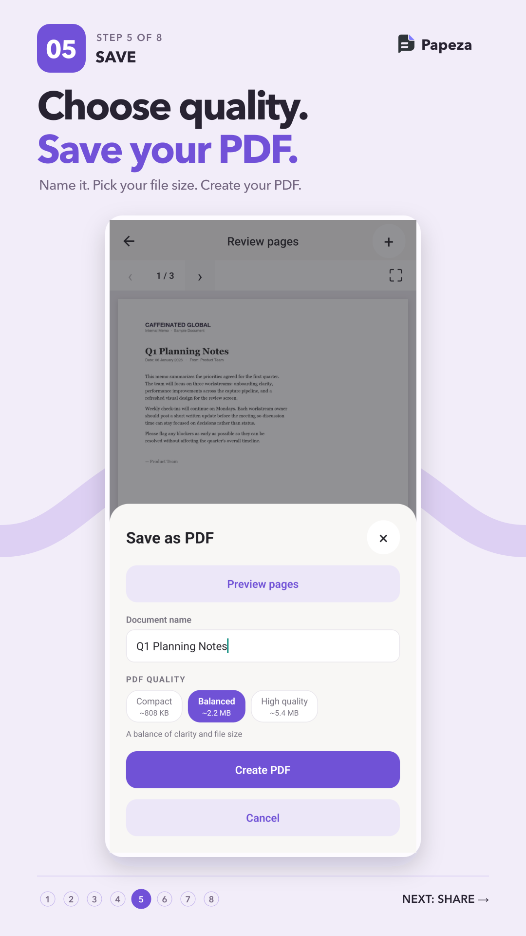 Choosing PDF quality before saving